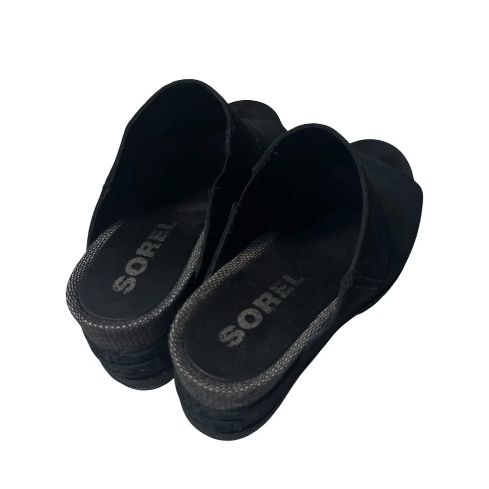 Sorel Black Joanie Slide Wedge Sandal 7.5 Womens Suede Excellent‎ Condition
